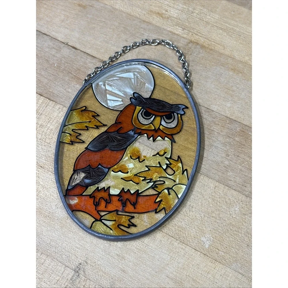 Vintage Stained Glass Owl Suncatcher Hanging Window Panel Autumn Fall Decor
